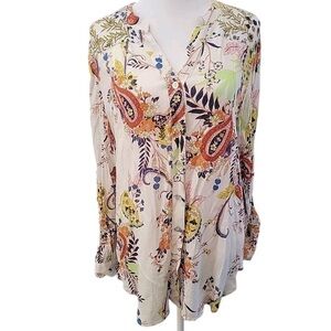 Anthropologie Floral Blouse Fig & Flower Print Top White Green Blue Red Size XL
